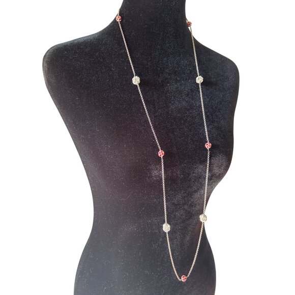Long Sterling Silver Rolo Necklace Red & Clear Rhinestone Stations Layer or Long - Picture 2 of 7